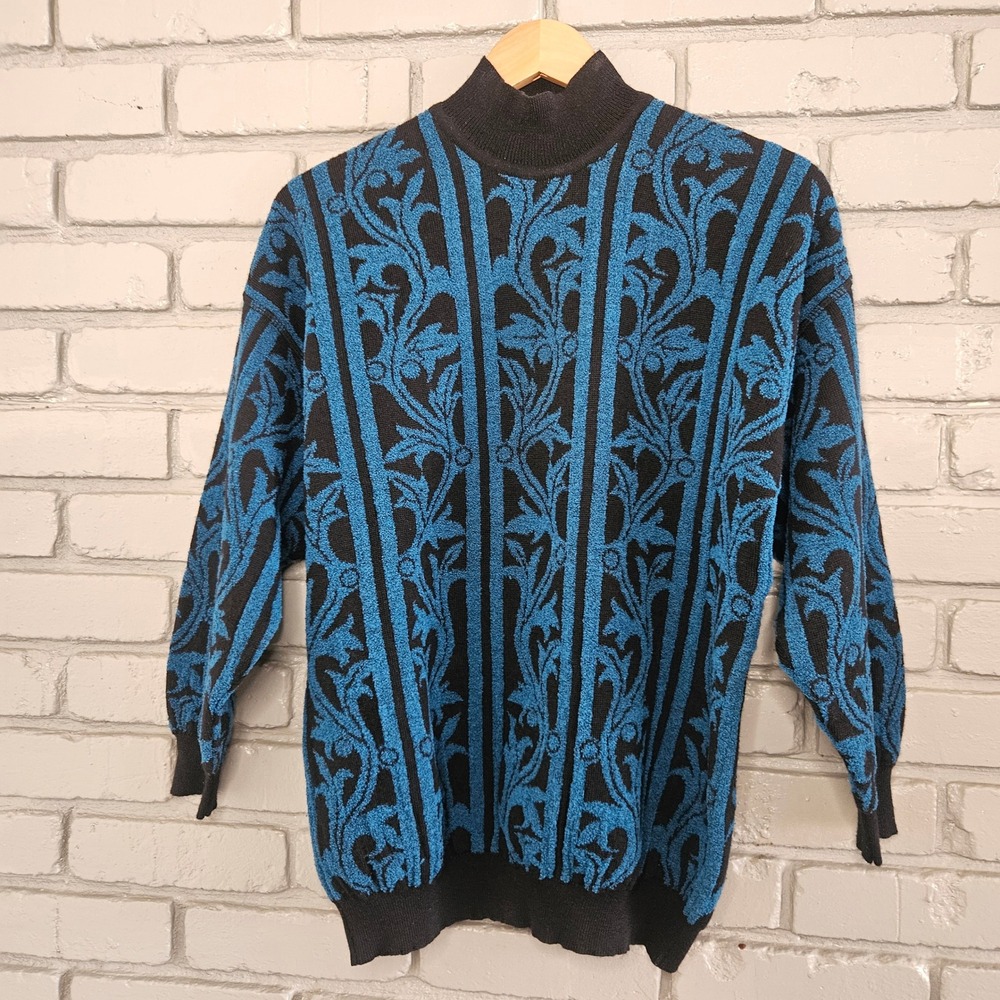 Rodier‎ Vintage Wool Blend Mock Neck Sweater Blue Black Damask Pattern Large